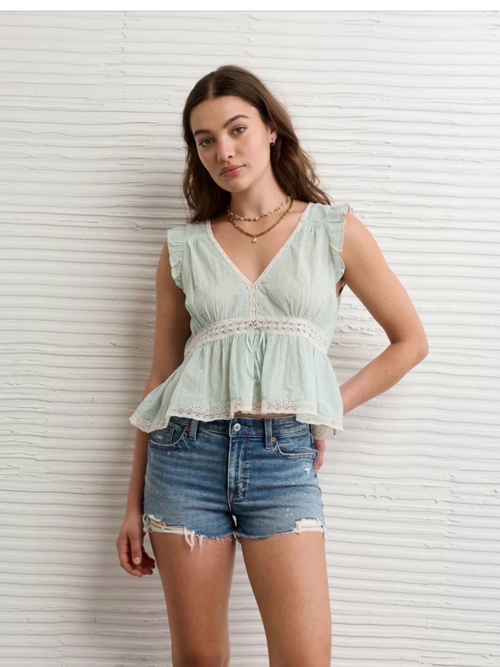 AE Lace Trim Flutter Sleeve Blouse